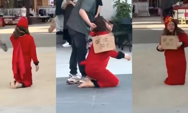 老公怒惩出轨骚妻 狗绳锁脖当街游行 挂牌羞辱80可玩一次 变成活体公交车！